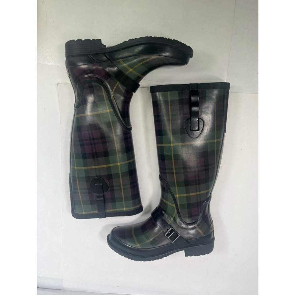 L.L.Bean Women's Green and Purple Plaid Rain Tall Boots Size‎ 7 Wellies Rubber